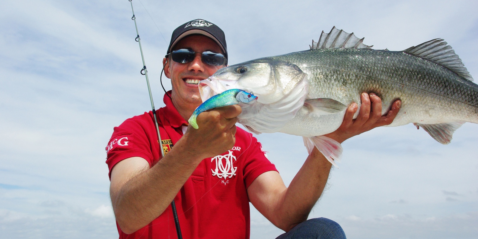 Superbe bar de 7.1 kg pris au shad prémonté en texan Blue Shad Flashmer