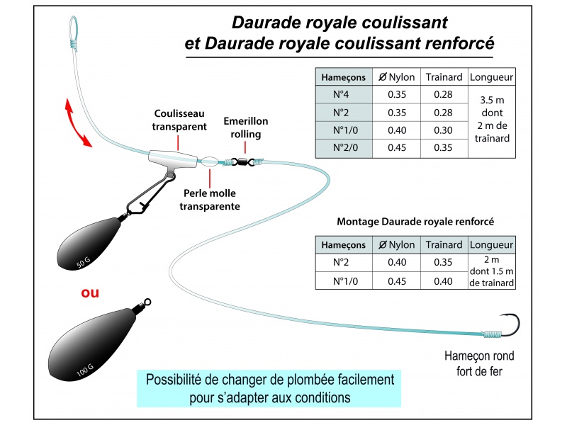 Montage Daurade royale coulissant et Daurade royale coulissant renforcé Flashmer : idéal pour pêcher le grondin au mouillage ! 